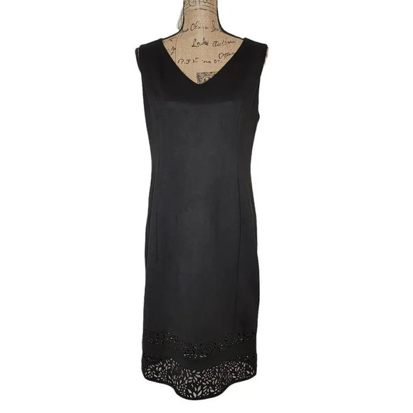 THALIA SODI Women's Regular Faux Suede Sheath Lace Cutout Dress Size Large Black - Picture 1 of 13